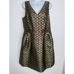 J Crew Factory Metallic Jacquard Gold Black Polka Dot Sz 14 Party Holiday Dress